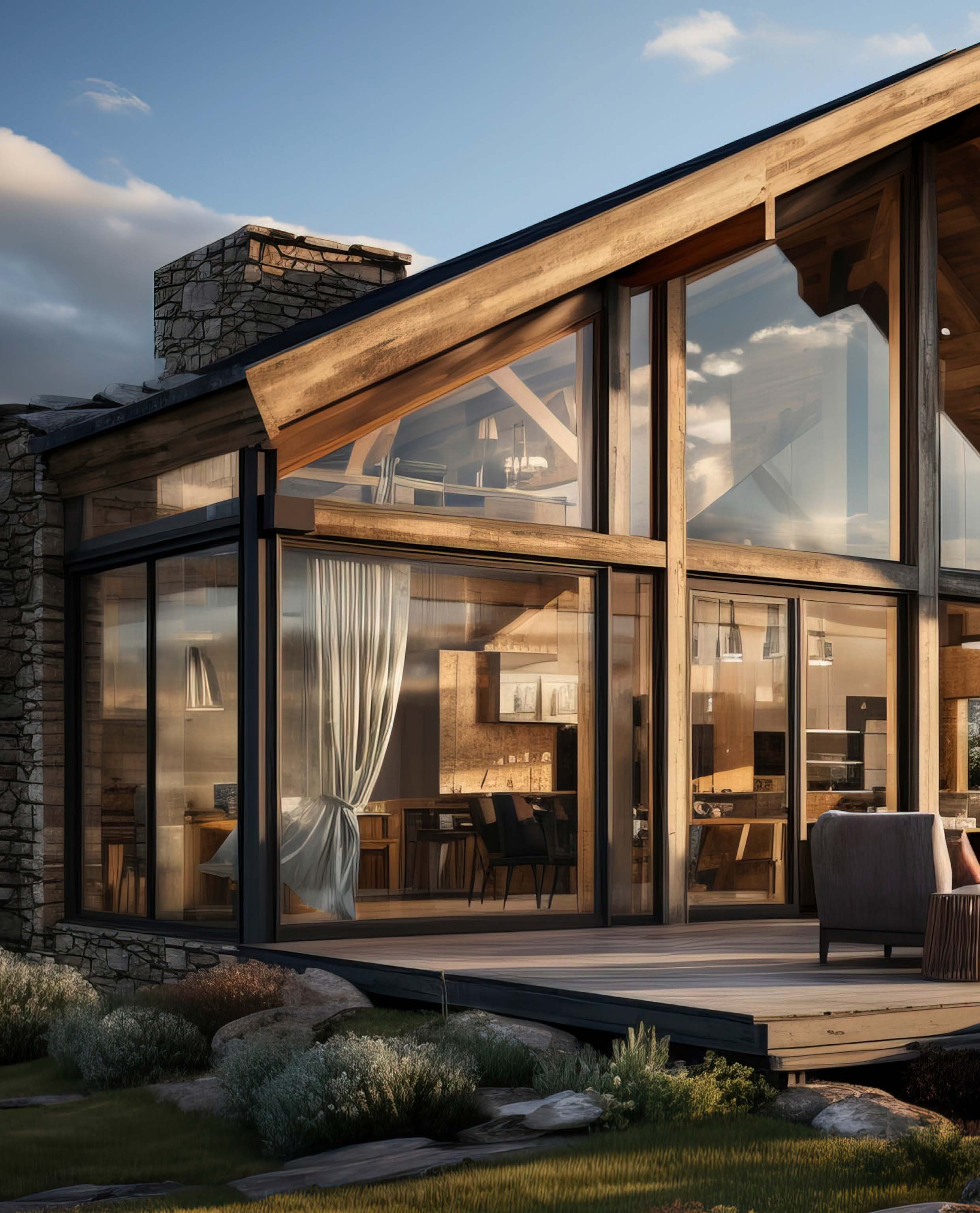 Moderne Fensteranlage mit Holzoptik und großen Glasflächen
